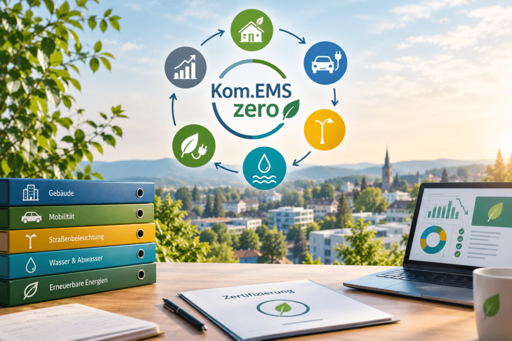 Kom.EMS zero unterstützt Kommunen auf dem Weg hin zu einer  treibhausgasneutralen Verwaltung bis zum Jahr 2040. Unser Bild wurde mithilfe eine generativen KI erstellt.